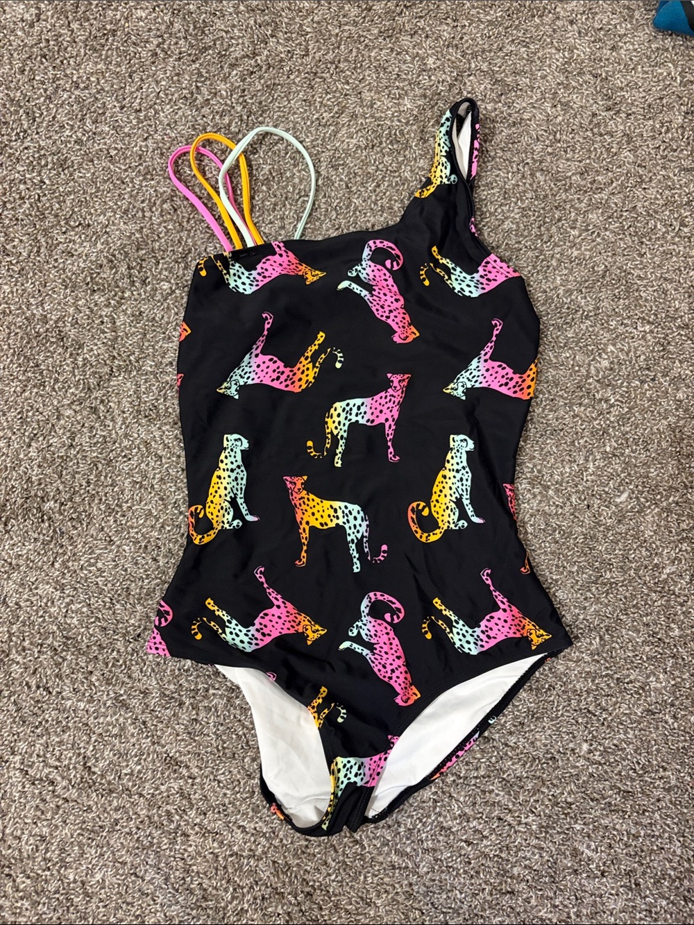 fabkids Black One-Piece Swimsuit with Rainbow Cheetah Print and Multi-Straps